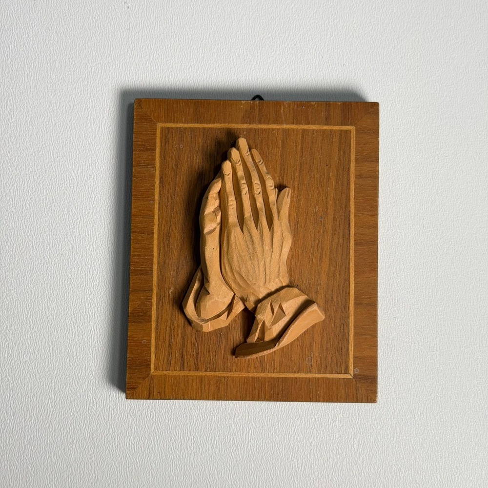 Vintage Praying Hands Wood Carving Wall Plaque Old World Religious 4x5